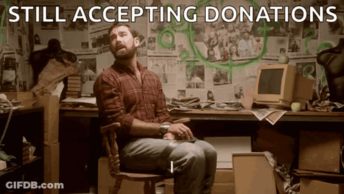 Man In Plaid Shirt With Newspapers Still Accepting Donations GIF