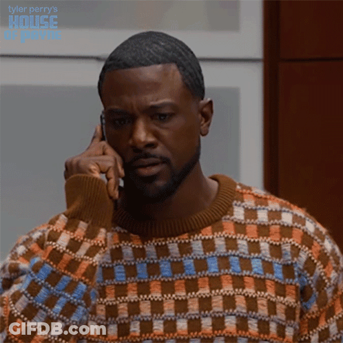 Man In Plaid Sweater On Phone With Tyler Perry's House Of Prime GIF