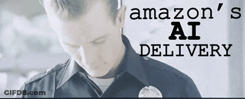 Man In Police Uniform Looking Down With Amazon AI Delivery GIF