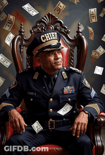 Man In Police Uniform Surrounded By Falling Money GIF