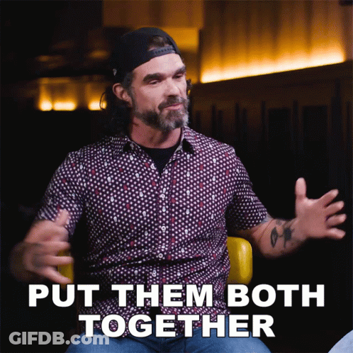Man In Polka Dot Shirt Says Put Them Both Together With Arms Outstretched GIF