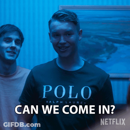 Man In Polo Shirt Says Can We Come In GIF