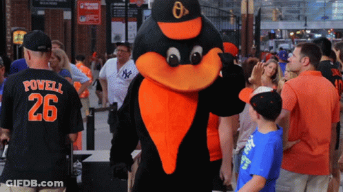 Man In Powell 26 Jersey Next To Mascot GIF