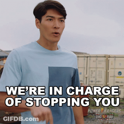 Man In Power Rangers Shirt Says We're In Charge Of Stopping You GIF