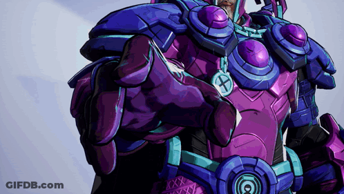 Man In Purple And Blue Armor With X On Neck GIF