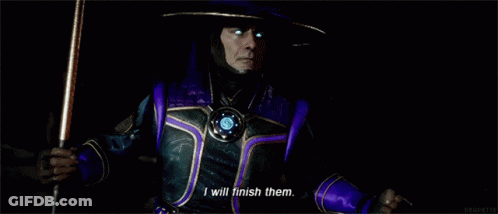 Man In Purple And Gold Outfit Holding Cane Saying I Will Finish Them GIF