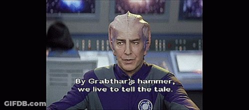 Man In Purple And Gray Uniform By Grabthar's Hammer We Live To Tell The Tale GIF