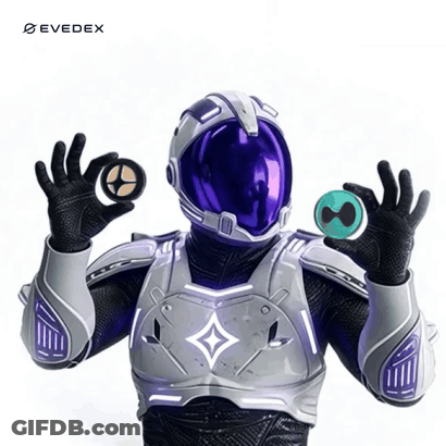 Man In Purple Helmet Holding Two Coins Saying Evedex GIF