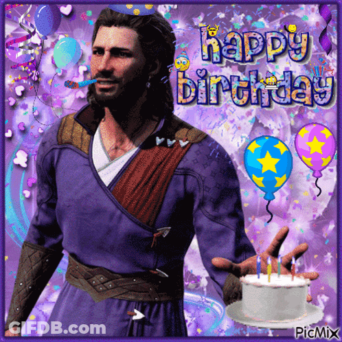 Man In Purple Holding Happy Birthday Cake GIF