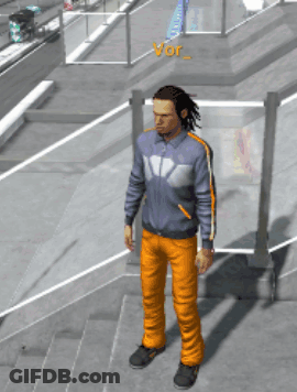 Man In Purple Jacket And Orange Pants On Stairs GIF
