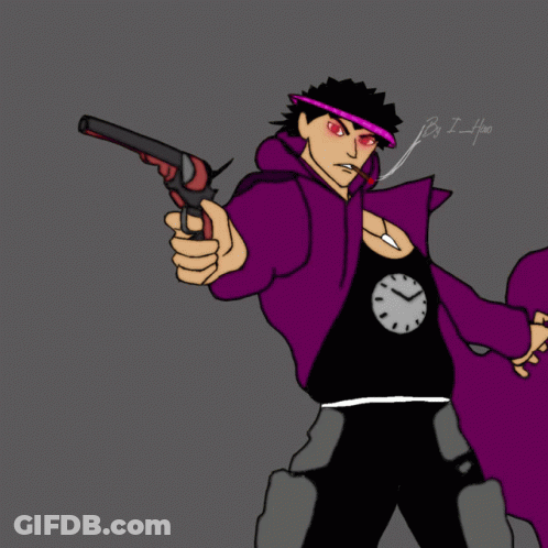 Man In Purple Jacket Holding Gun Smoking Cigarette With Clock On Shirt GIF