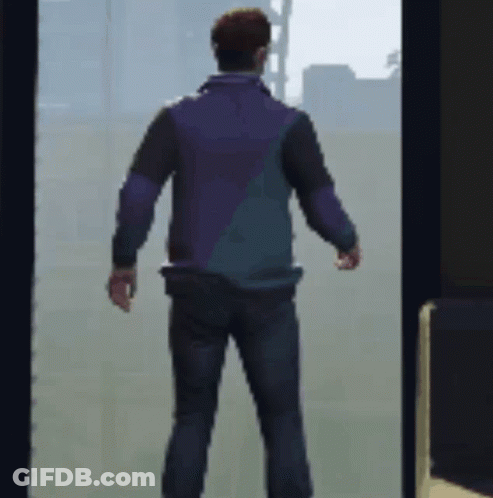 Man In Purple Jacket Standing In Doorway GIF