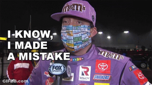 Man In Purple M&M's Hat And Mask Says I Made Mistake GIF