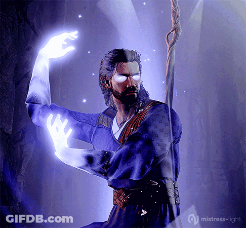 Man In Purple Robe Holding Cane In Front Of Mistress-Light Sign GIF