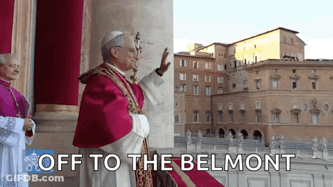 Man In Purple Robe Saying Off To The Belmont GIF