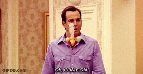 Man In Purple Shirt Holding Stuffed Chicken In Mouth Saying Oh Come On GIF