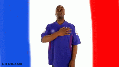 Man In Purple Shirt In Front Of French Flag GIF