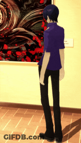 Man In Purple Shirt In Front Of Painting GIF