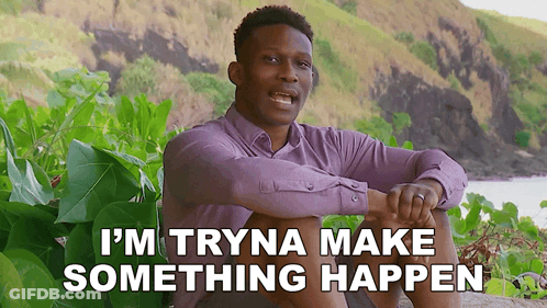 Man In Purple Shirt On Rock Saying I'm Tryna Make Something Happen GIF