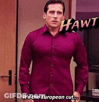 Man In Purple Shirt Says It's The European Cut GIF