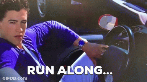 Man In Purple Shirt Sitting In Car Saying Run Along GIF