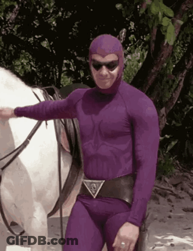 Man In Purple Superhero Costume Petting White Horse GIF