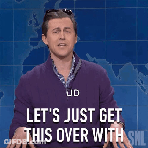 Man In Purple Sweater Saying Let's Just Get This Over With SNL GIF