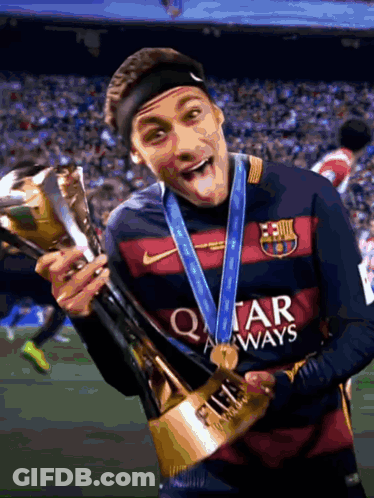Man In Qatar Airways Jersey Holding Trophy GIF