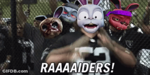 Man In Raiders Jersey Surrounded By Cartoon Characters Saying Raaaaaiders GIF