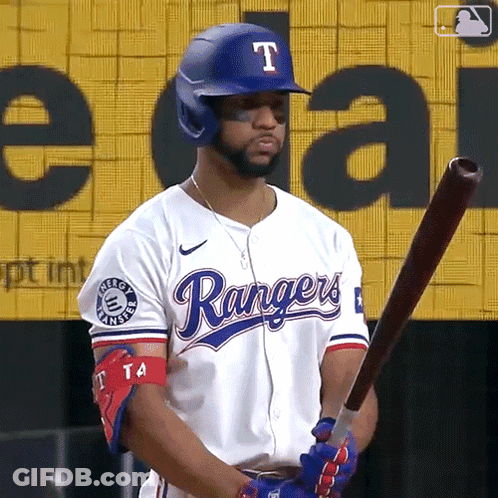 Man In Rangers Uniform Holding Baseball Bat GIF