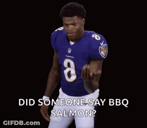 Man In Ravens Jersey Dancing Did Someone Say BBQ Salmon GIF