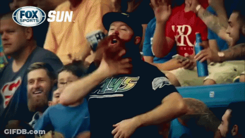 Man In Rays Shirt Screaming At Baseball Game GIF