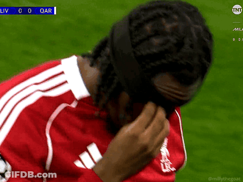 Man In Red Adidas Jersey Wiping Face GIF