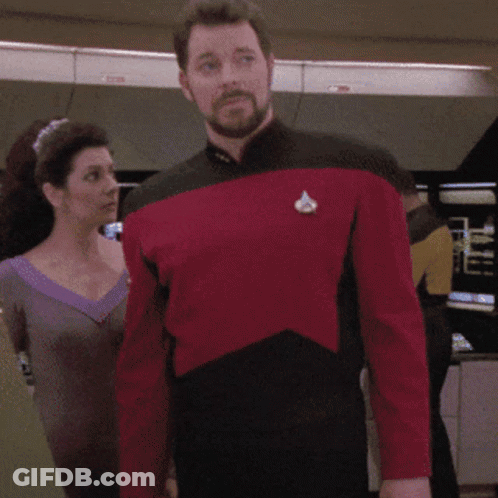 Man In Red And Black Star Trek Uniform GIF
