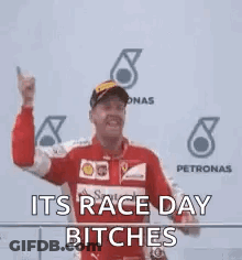 Man In Red And White Jacket Saying Race Day Bitches GIF