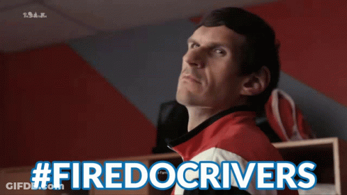 Man In Red And White Jacket With #Firedocrivers GIF