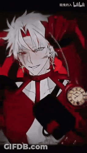 Man In Red And White Outfit With Clock GIF
