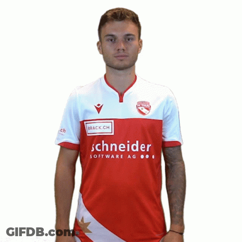 Man In Red And White Schneider Software AG Shirt GIF