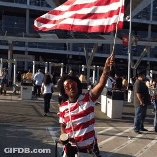 Man In Red And White Striped Shirt Holding Flag GIF