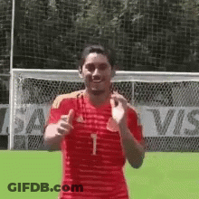 Man In Red And Yellow Striped Shirt At Soccer Goal GIF