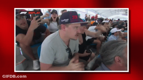 Man In Red Bull Hat Sitting In Crowd GIF