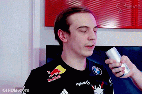 Man In Red Bull Shirt Holding Soda Can GIF