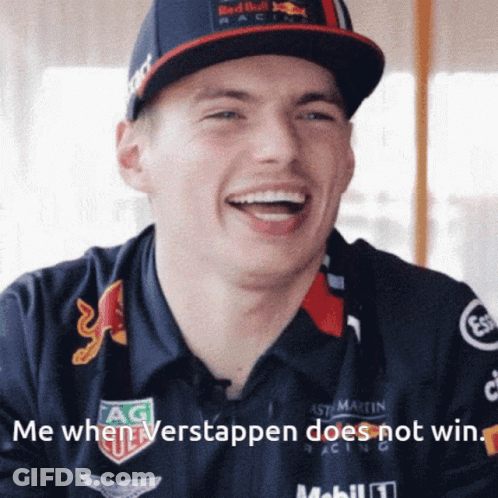 Man In Red Bull Shirt Laughing Saying Me When Verstappen Does Not Win GIF