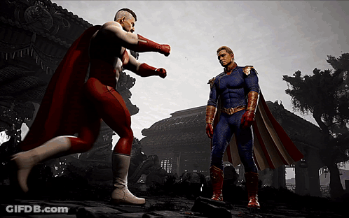 Man In Red Cape Punching Man In Blue Costume GIF