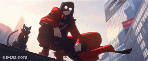 Man In Red Cape Sitting On Roof Next To Cat GIF