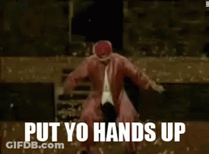 Man In Red Coat Dancing Put Yo Hands Up GIF