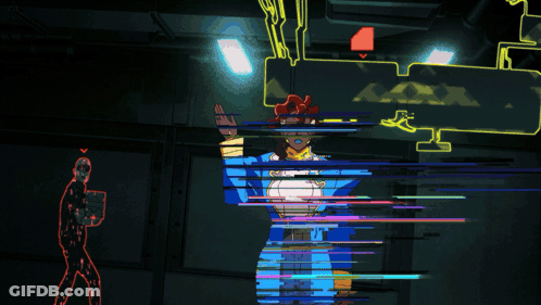 Man In Red Coat In Dark Room With Blue Lights GIF