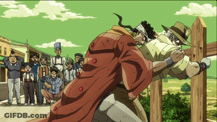 Man In Red Coat Next To Man In Hat In Front Of Crowd GIF