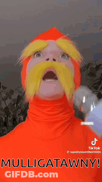 Man In Red Costume Holding Microphone Saying Mulligatawny GIF