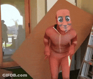 Man In Red Costume With Paper Face GIF